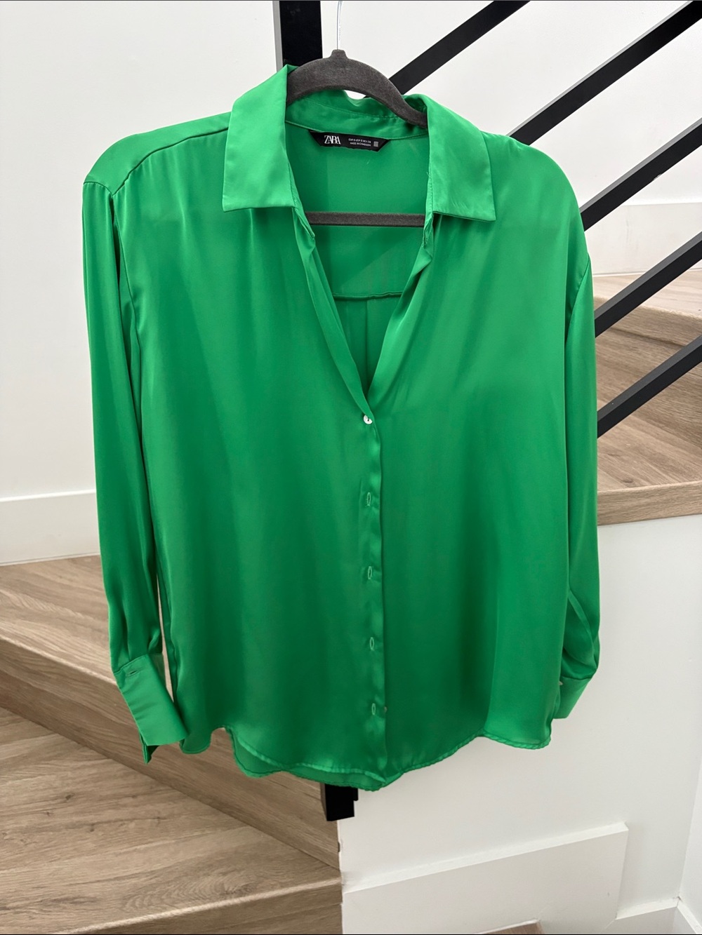 Zara Emerald Green Satin finish Button-Down Shirt.